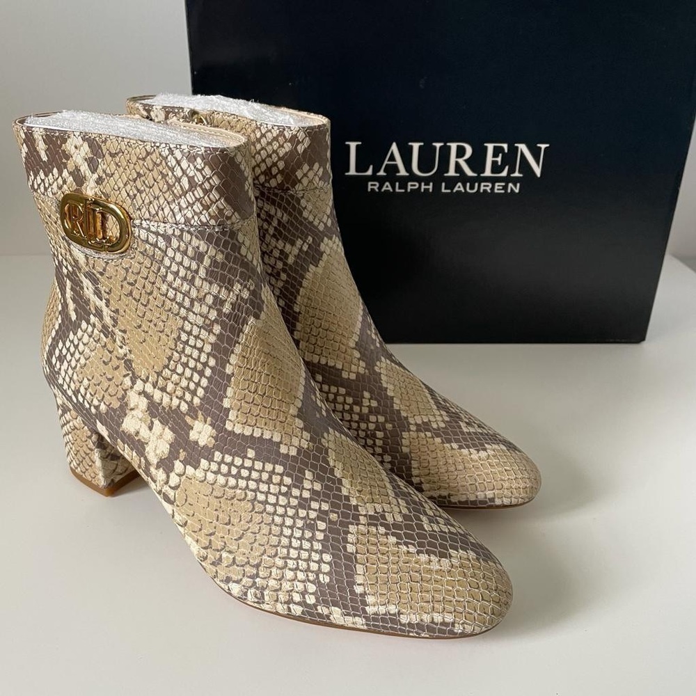 Ralph Lauren Beige and Brown Snake-Print Heeled Ankle Boots